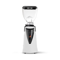 A commercial electric coffee grinder with a white base, black central housing, and a clear hopper on top, shown against a plain white background.