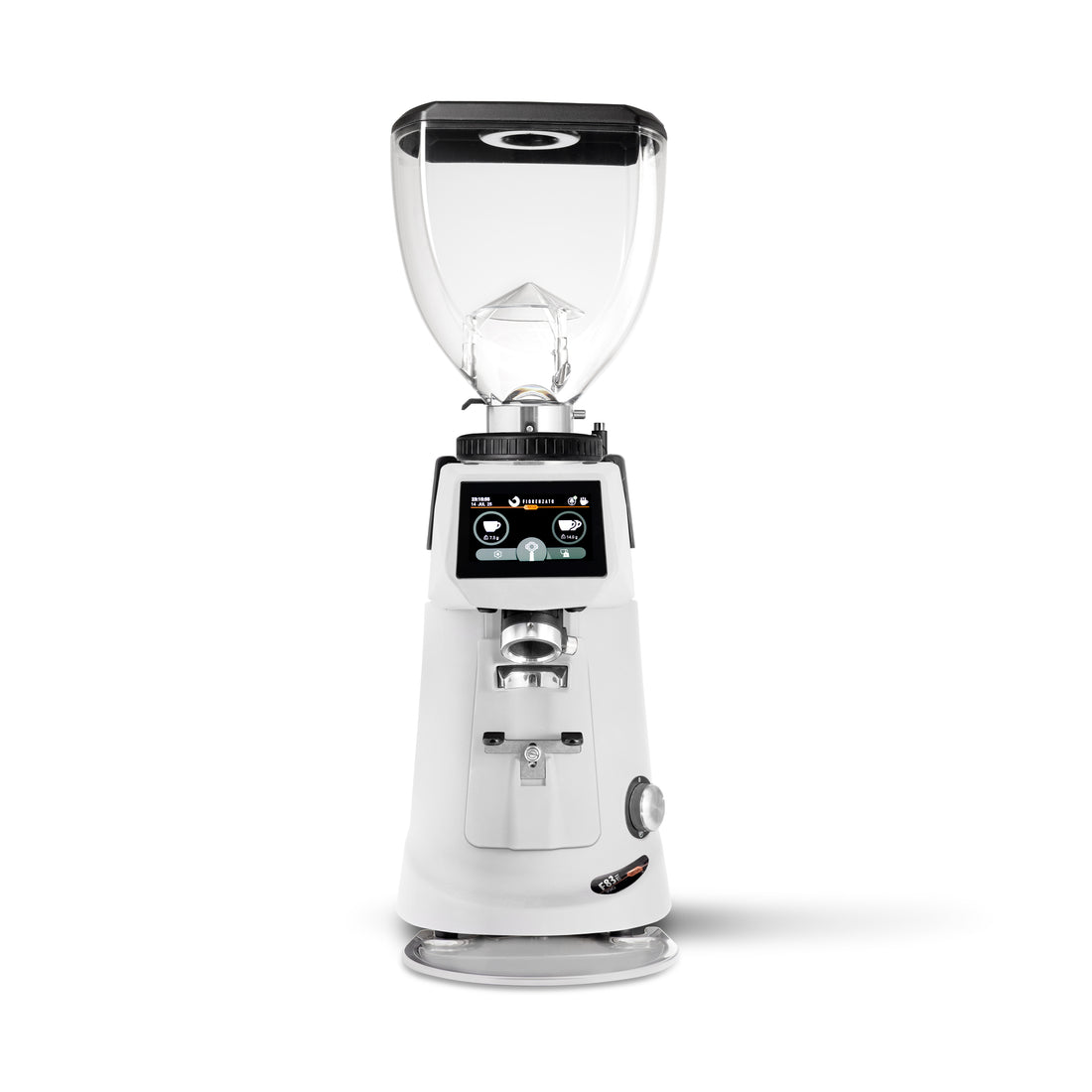 A white and black electric coffee grinder with a clear hopper, shown on a clean white background.