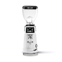A white and black electric coffee grinder with a clear hopper, shown on a clean white background.