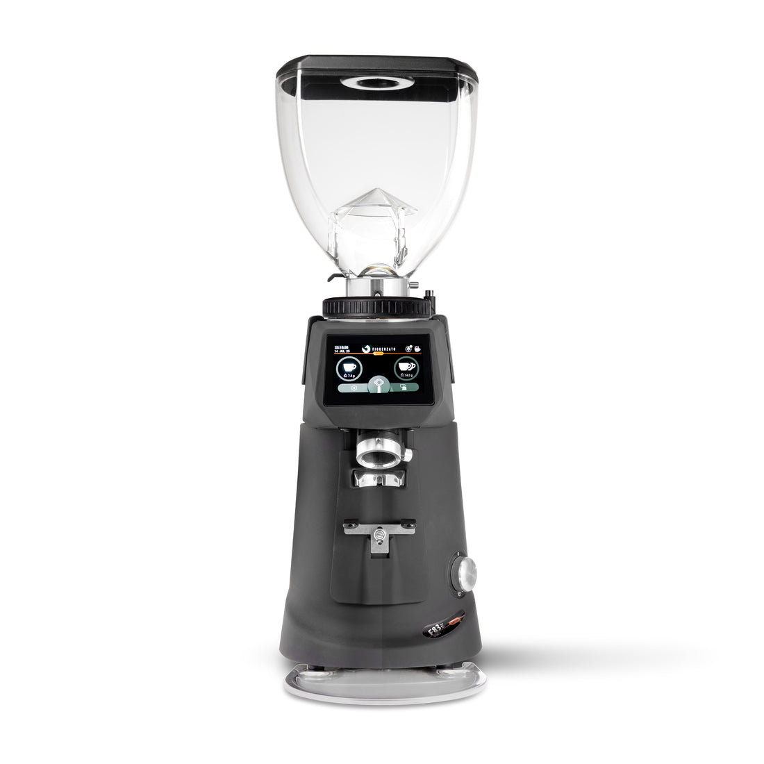 A professional electric coffee grinder with a dark gray body, clear hopper, and digital touch screen interface, shown on a solid white background.