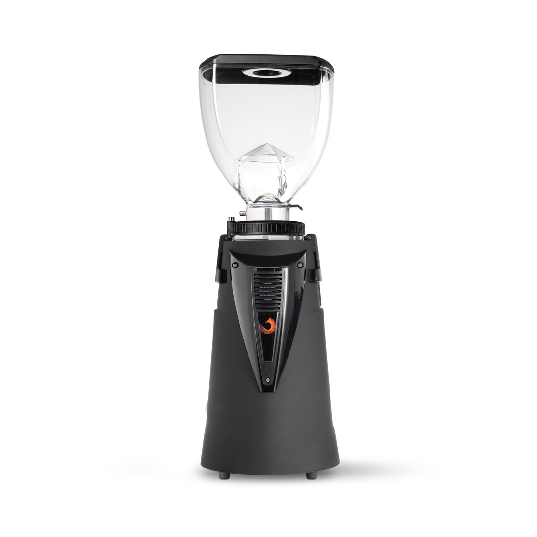 A professional coffee grinder with a matte black base, a clear hopper, and a black top lid, shown on a solid white background.