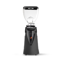 A professional coffee grinder with a matte black base, a clear hopper, and a black top lid, shown on a solid white background.