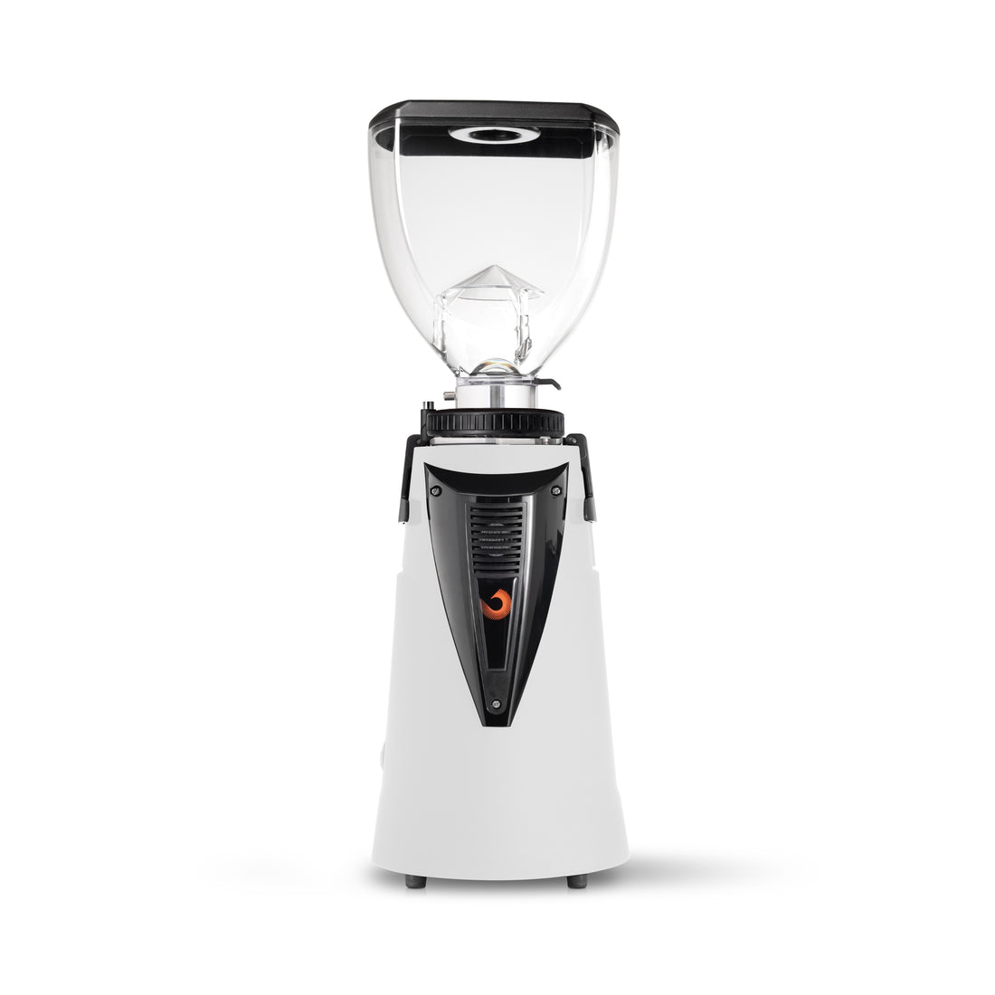 A commercial electric coffee grinder with a white base, black central housing, and a clear hopper on top, shown against a plain white background.