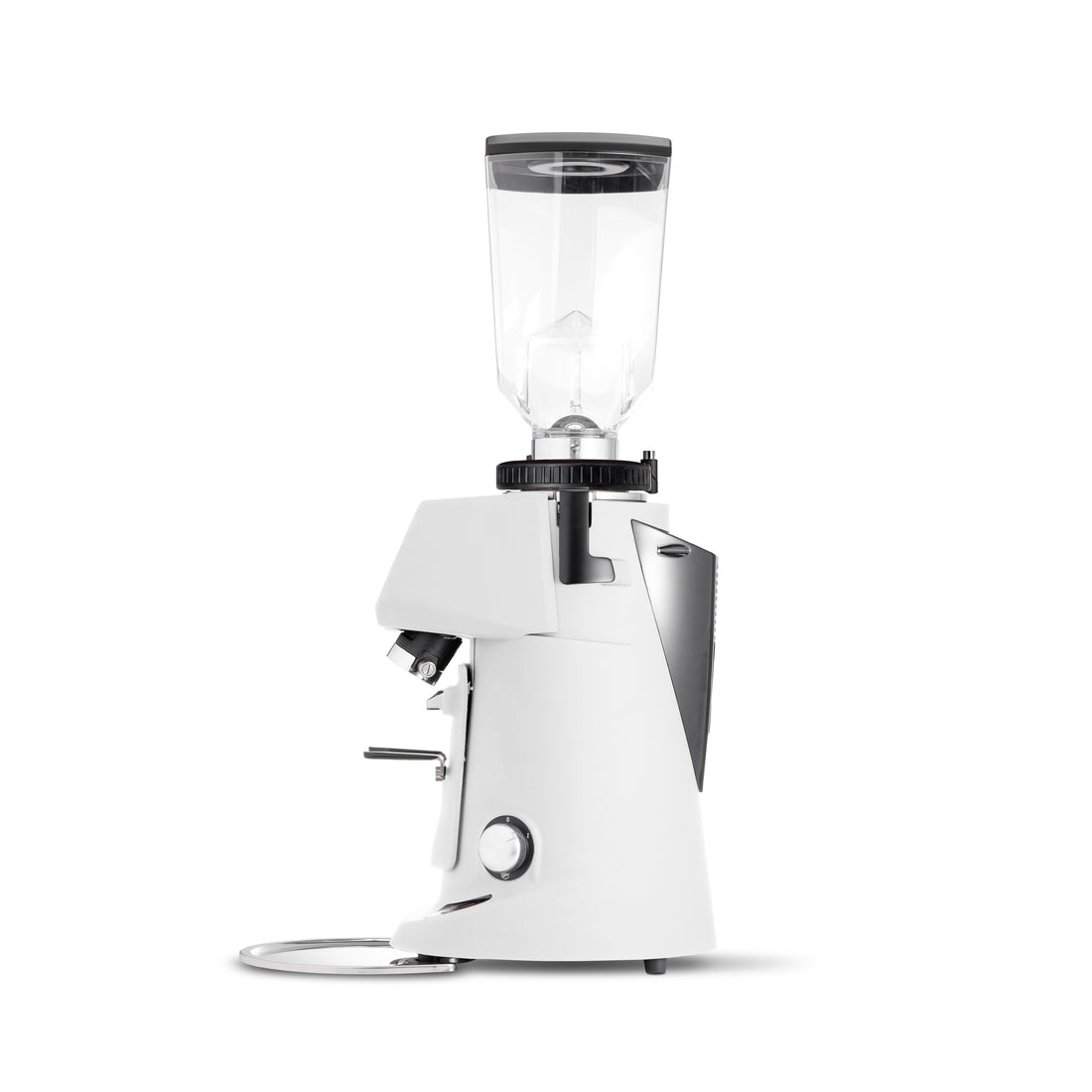 A white electric coffee grinder with a clear hopper and black accents, shown from a side profile on a white background.